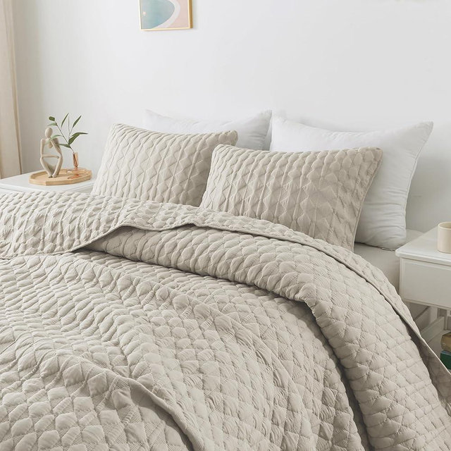 WDCOZY Light Beige Quilts Queen Size Bedding Set with 2 Pillow Shams, Lightweight Soft Full Bedspread Coverlet, Thin Comforter Bed Cover for All Season, 3 Pieces, 90x90 inches