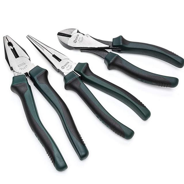 SATA Pliers Set (8" Universal, 8" Long-Nose & 7" Diagonal), with Green Handles & Durable Nickel-Chrome Steel Bodies - ST70002U, 3 Piece Set