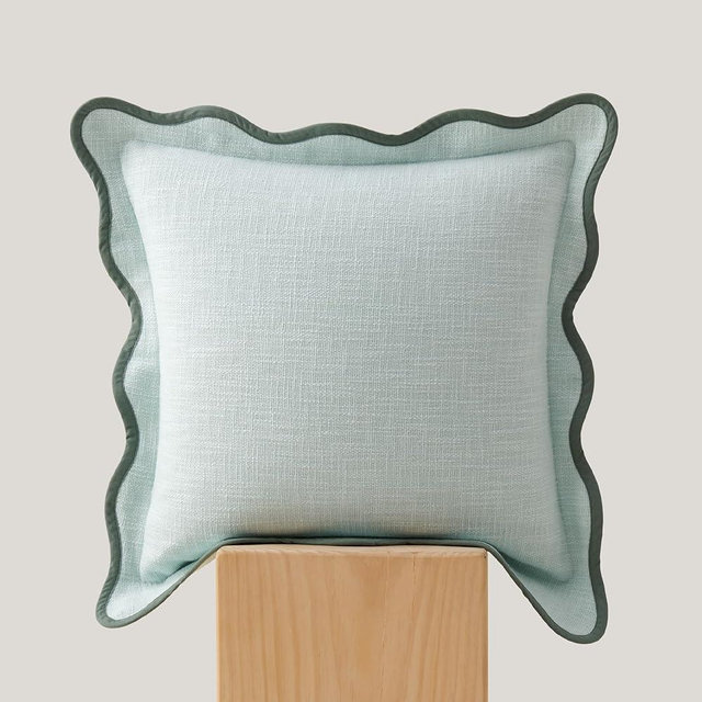 Double Stitch Scalloped Throw Pillow Covers - 100% Cotton Decorative Boho Pillow Covers 18 x 18, Made in India, Square Cushion Case, Modern Home Decor for Couch Sofa Living Room, Misty Blue