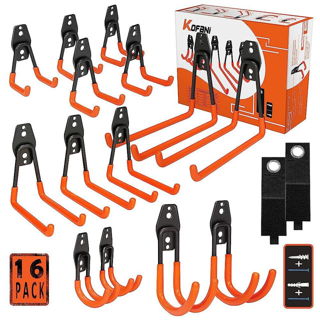 KOFANI Garage Hooks, 16 Pack Steel Heavy Duty Garage Storage Hooks with Anti-Slip Coating, Utility Garage Wall Mount Hooks for Hanging Bike, Ladder and Garden Tools