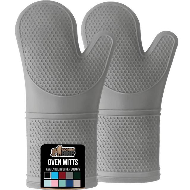 Gorilla Grip Extra Long Heat Resistant Silicone Oven Mitts Set, Soft Quilted Lining, Waterproof Flexible Gloves for Cooking and BBQ, Kitchen Mitt Potholders, Easy Clean, Set of 2, 14.5 Inch, Gray