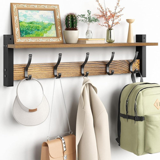 Optish Coat Rack Wall Mount with Shelf, 24 Inch Coat Hanger Walls Mounted, Hat Rack for Walls, Shelf with 5 Coat Hooks, Wall Hanger for Entryway (Brown)