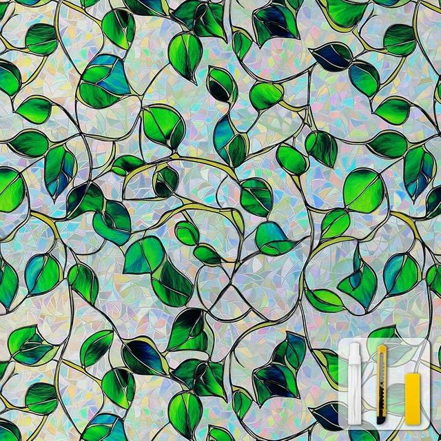 Window Privacy Film Stained Glass Decorative Static Clings Rainbow Window Tint for Home Room Decor Bathroom Door Car Stickers with Iridescent Effect, Removable(Blue & Green pothos Botanical)