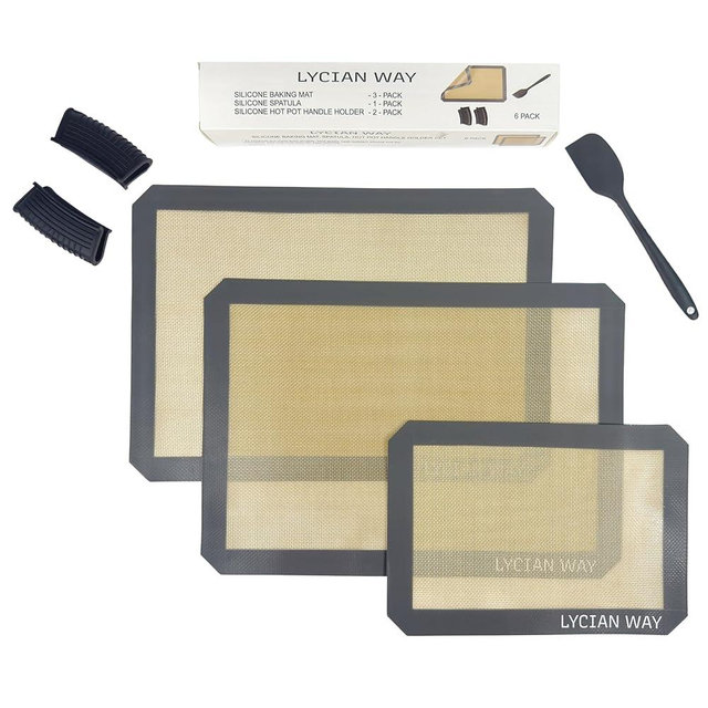 Silicone Baking Mat -6 Pack- Reusable, Non-Stick- Set Includes 2 Half Sheet 16.5"x11.6", 1 Quarter 11.8"x8.3" Baking Mats, 2 Hot Pot Holders and 1 Spatula –Food-Safe, Heat-Resistant, Easy to Clean