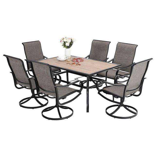 Sophia & William Patio Dining Set 7 Pieces Metal Furniture Set Outdoor, 6 x Patio Dining Swivel Chairs Textilene with 1x 6 Person Wood Like Umbrella Table for Lawn Garden
