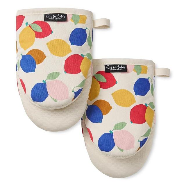 SUR LA TABLE KITCHEN ESSENTIALS Lemon Zest Citrus Fruit Mini Oven Mitt 2-Pack Set, Heat Resistant, 100% Cotton, Flexible Non-Slip Silicone Grip, Yellow/Blue/Ivory, 5.5"x8"