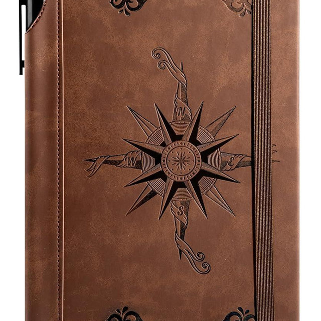 CAGIE Compass Leather Notebook Journal for Men, 100 GSM 288 Pages Lined Journals for Writing, A5 Hardcover Journaling Notebooks Gift Set with Pen for Travel Office Daily Writing