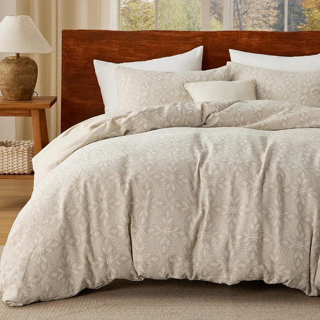 Bedsure Cotton Duvet Cover King Size - Boho Textured Embroidery Jacquard Duvet Cover Set, Soft and Breathable Bedding Set for All Seasons (Beige, King, 104"x90")