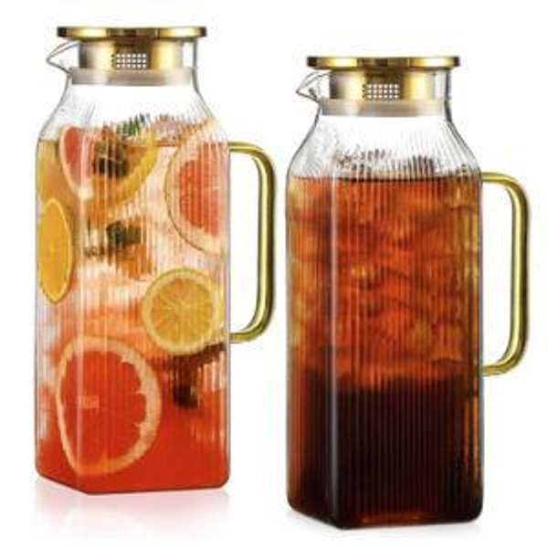 2 Pack 2 Liter/68 oz Square Glass Pitcher with Lid, Classic Stripes Water Pitchers with Handle for Fridge, Large Jug for Iced Tea, Coffee, Borosilicate Glass Carafe for Hot/Cold Brew Drink, Gold