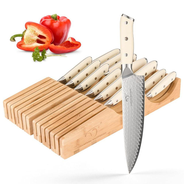 NANFANG BROTHERS Damascus Kitchen Knife Set,14 Pieces Drawer Knife Set,ABS Ergonomic Handle for VG10 Steel Professional Chef Knives Set with Block and Steak Knives