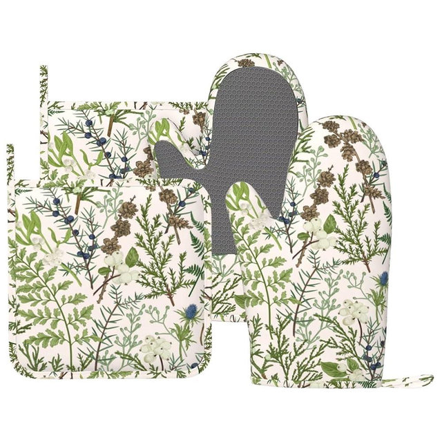 BOKEKANG Botanical Print Oven Mitts and Pot Holders Set of 4 Silicone Vintage Floral Spring Sage Green Flower Plant Kitchen Mitten Gloves and Farmhouse Potholders Set Oven Gloves Hot Holders