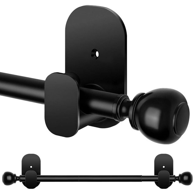 Black No Drill Curtain Rods for Windows 48 to 84 inch, USFOOK 5/8 Inch Curtain Rods No Drilling with 3M Adhesive Holders, Adhesive Drapery Rod with Round Finials