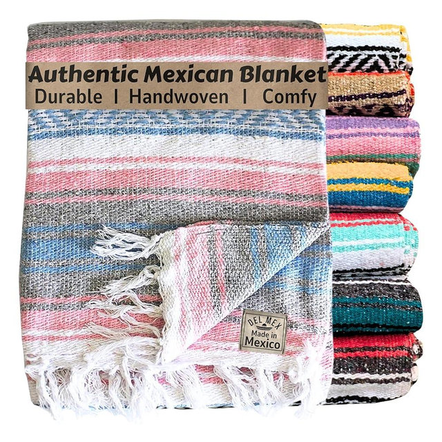Del Mex Classic Mexican Blanket, Large Authentic Woven Falsa Throw (70"x50"), Artisan Southwest Décor for Beach, Yoga, Outdoors (Light Pink/Blue)
