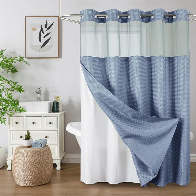 No Hook Shower Curtain with Snap in Fabric Liner, Waffle Weave Heavy Duty Thick Shower Curtains with Mesh Top Window, Hotel Style Waterproof Bathroom Curtain Set, 72 x 75 Inch, Moonlight Blue
