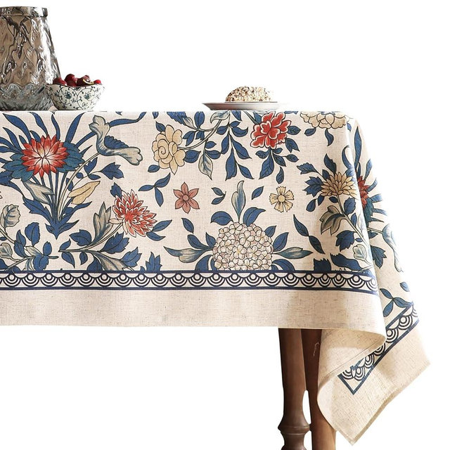 patdrea Designer Blue Tablecloth for Rectangle Table,Vintage Linen with Leaves and Floral Pattern Tablecloths,Farmhouse Decor Cover for Kitchen Dining Christmas,Thanksgiving,55"x79"-Ivar a