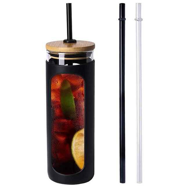 Kodrine 24 oz Glass Water Bottle with Bamboo Lid and Straw, Wide Mouth Water Tumbler,Straw Silicone Protective Sleeve BPA FREE-Black