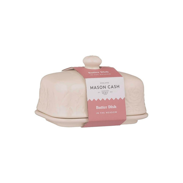 Mason Cash In the Meadow Butter Dish Embossed Floral Design, Durable Stoneware, Airtight Lid – Holds Up to 500g of Butter – Classic Kitchen & Tabletop Storage (9cm H x 15.6cm L x 10.6cm W)