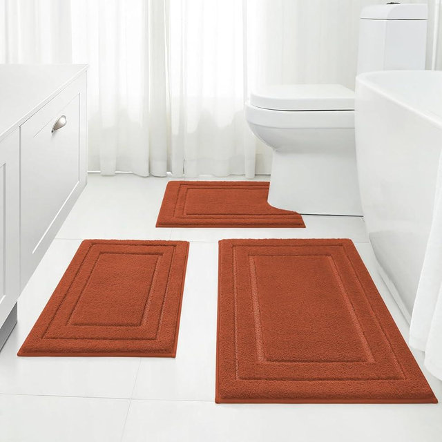 HOMEIDEAS Bathroom Rugs Sets 3 Piece, Super Soft and Absorbent Non Slip Microfiber Toilet Bath Mat with U-Shaped (Burnt Orange)