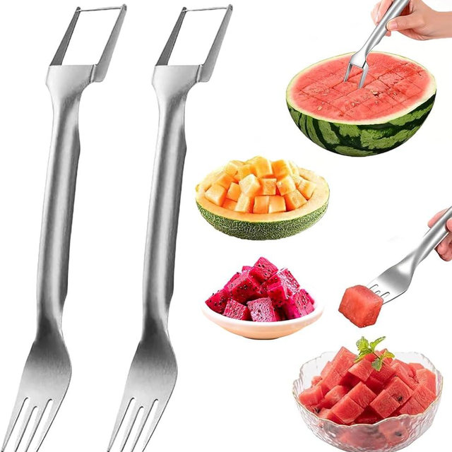 Watermelon Cutter，2-in-1 Stainless Steel Fruit Cutter, 2025 New Upgrade Dual Head Watermelon Fork Slicer Tool, Summer Fruit Cutting Home Kitchen Gadgets (2Pcs)