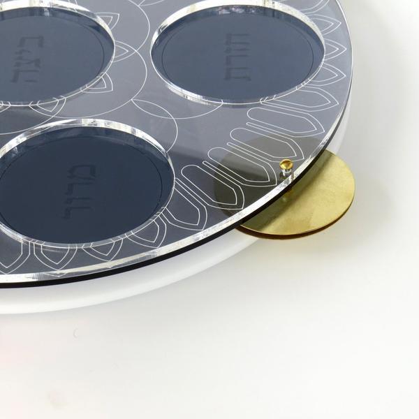 Modern Seder Plate - Inspired by Miriam's Tambourine. Acrylic Tray with Hebrew Words Engraved, Brass Cymbals, 6 Glass Bowls | New release - Short term pre sale