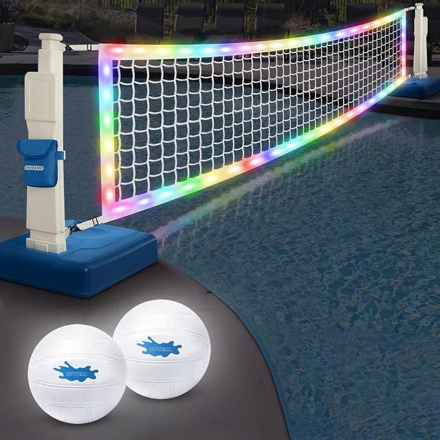 OHYEMO LED Pool Volleyball Net Set, Light Up Pool Volleyball Game Set with 2 LED Water Balls, Adjustable Net and Pump, Swimming Pool Sports Game Set for Adults Teens, Inground Pool Toy Party Fun