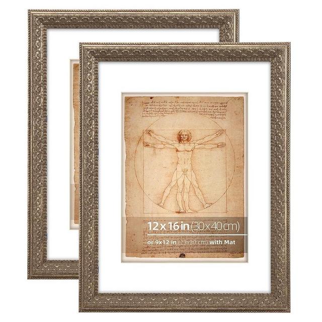WYNCO 12x16 Antique Silver Grey Ornate Picture Frame, With Mat for 9x12 inches photos, Plexi glass Protection, 2 Pack
