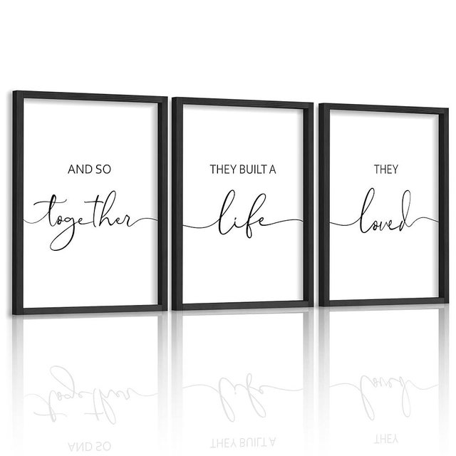 Houmury Framed Set of 3 And So Together They Built A Life They Loved Above Bed Wall Decor Wall Art for Farmhouse Home Bedroom Kitchen Living Room Wood Signs (Black,12"x16")