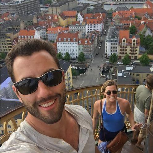 Climbing the tallest church in Copenhagen.