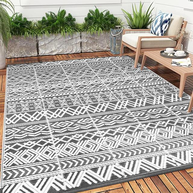 MontVoo-Outdoor Rug Carpet for Patio RV Camping 9x12ft Waterproof Reversible Portable Plastic Straw Rug Outside Indoor Outdoor Area Rug Mat for Patio Clearance Decor Balcony Picnic Geometric Boho Rug