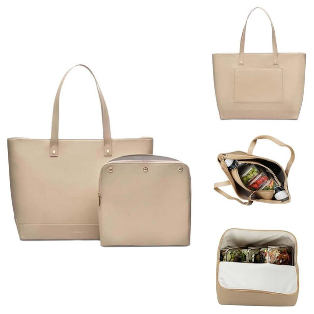 Modern Picnic Vegan Leather Tote Bag for Women, Easily Wipeable, Removable Insulated Pouch For Your Lunch or Snacks, Travel Tote with Luggage Sleeve for Work/Office/Outdoor As Seen on Shark Tank