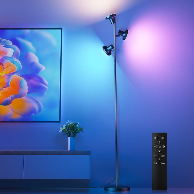 SIBRILLE LED Tree Floor Lamp, 36W Industrial Dimmable Standing Lamp with Remote & Touch Control, 3 Rotatable LED Light Modern Floor Lamps for Living Room, Bedroom, Office (Black (RGB))