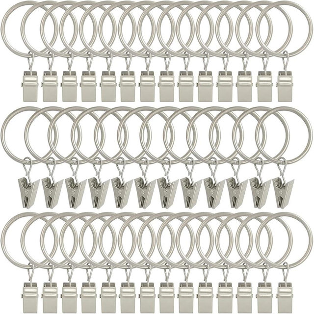 AMZSEVEN 40 Pack Curtain Rings with Clips, Drapery Clips with Rings, Drapes Rings 1.26 in Interior Diameter, Fits up to 1 in Curtain Rod, Matte Silver
