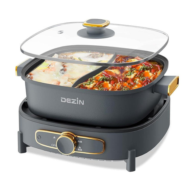 Dezin Hot Pot Electric with Divider, 5.5L Double-Flavor Electric Shabu Shabu Pot, Removable Non-Stick Dual Sided Electric Cooker, 3" Depth Divided Pot with Multi-Power Control, 2 Silicone Ladles