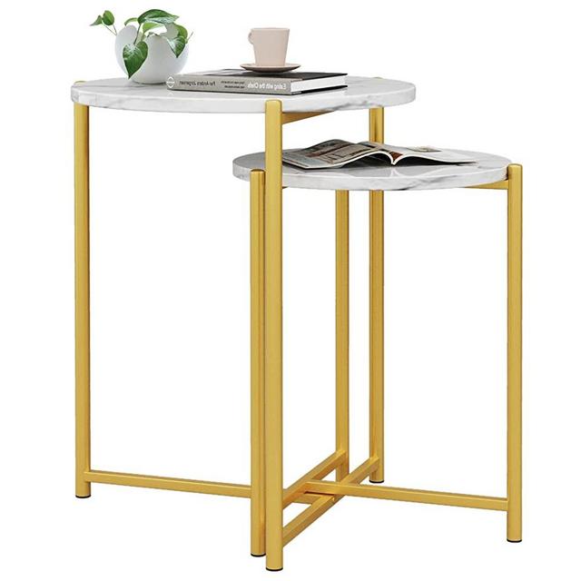 LECUT 20" Round Nesting Side Table Set of 2 Small Nesting Tables Modern End Tables with Marble Finish Table Top and Sturdy Metal Frame for Living Room Bedroom Office Small Space White and Gold