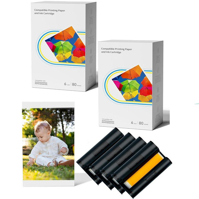Compatible with Liene Amber M100/M200/M110/M210 4 x 6" Photo Printer 160 Sheets Photo Paper & 4 Ink Cartridges Refill, Only for DHP512/DHP513/DHP514/DHP515 Printer, Dye Sublimation, No Fade