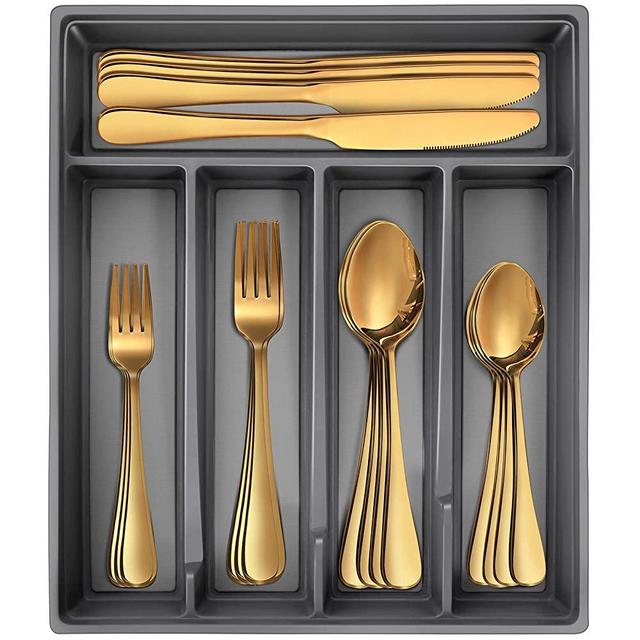 20-Piece Gold Silverware Set with Tray for 4, Mirror Polished, Stainless Steel Flatware Cutlery Set, Dishwasher Safe
