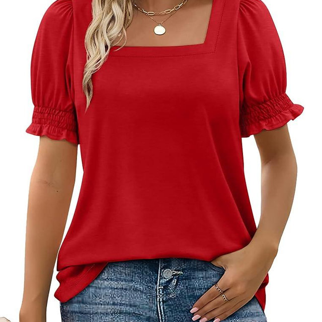WIHOLL Tops for Women Summer Casual Ruffle Trim Sleeve Square Neck T Shirts