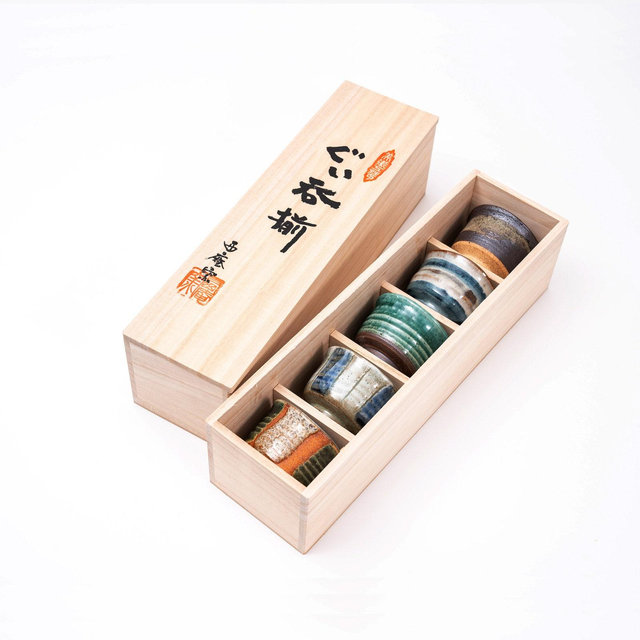 Mino Ware Set of 5 Handmade Sake Cup Gift Set, Teacups, Sake Cups, Unique Handmade Japanese Minoware Ceramic Tea Cups in Wood Giftbox