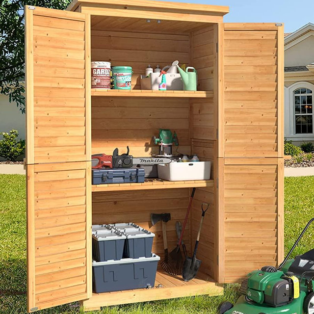 Gizoon Outdoor Storage Cabinet with 3 Shelves, Double Lockable Wooden Garden Shed with Waterproof Roof, Outside Vertical Tall Tool Shed for Yard Patio Lawn Deck