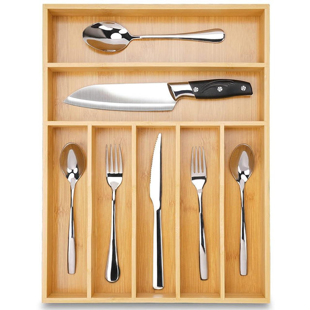 Conflech Silverware Organizer 13 Inch Bamboo Kitchen Drawer Organizer Utensil Organizer 7 Slots Silverware Holder Cutlery Organizer Flatware Tray
