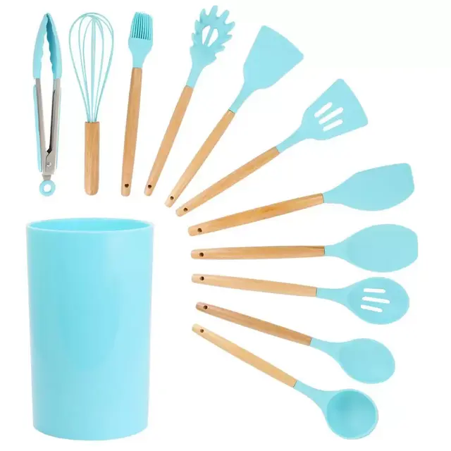 Light Teal Silicone and Wood Cooking Utensils (Set of 12)