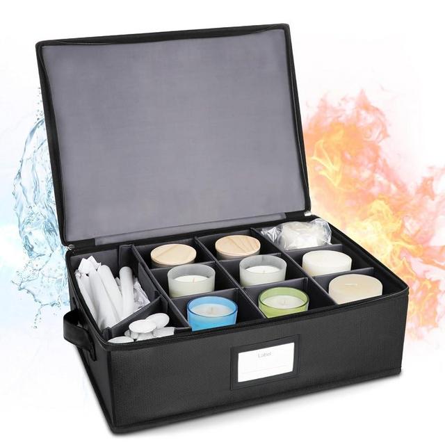 Fireproof Candle Storage Organizer Box with Dividers, Tissue Paper and Ziplock Bags Protects 12 Aromatherapy Candles, Jar Candles, Taper Candles, Pillar Candles, Tealight Candle and Candlestick Holder