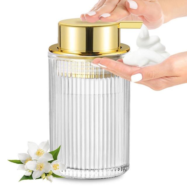 KASUNTING Foaming Soap Dispenser, 15 Oz Clear Glass Foam Hand Soap Dispenser for Bathroom & Kitchen, Refillable Foaming Pump Bottle with Gold Pump, Modern Ribbed Dish Soap Foam Dispenser with 2 Straws