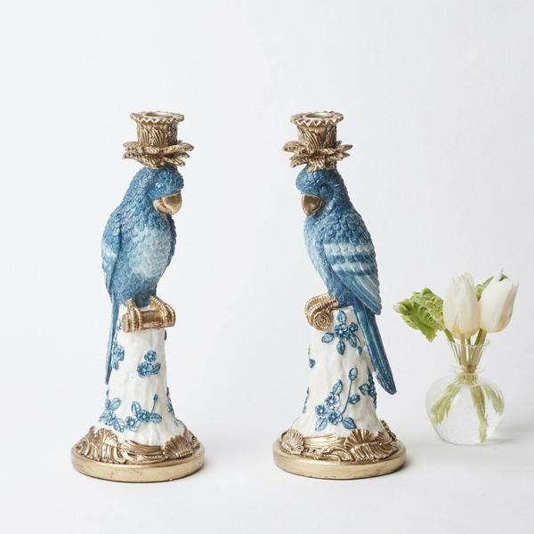 Blue & White Parrot Candle Holder (Pair)