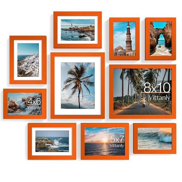 Vittanly 10 Pack Picture Frames Collage Wall Decor, Gallery Frame Set for Wall Mounting or Tabletop Display, Multi Sizes Including 2pcs 8x10, 4pcs 5x7, 4pcs 4x6, Orange