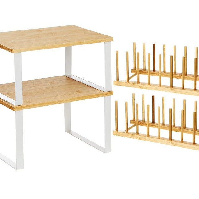 Marsui 4 Pcs Kitchen Organizer Accessories Set Cabinet Organizer Shelf and Bamboo Dish Drying Plate Rack Counter Shelves Storage Holder for Spice Rack, Dish, Pot Lid, Bowl, Cup(Wooden Color)