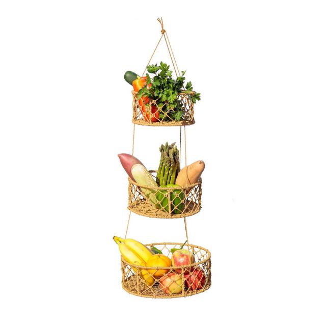 Kitchen Science Hanging Fruit Baskets for Kitchen, 3-Tier Woven Wicker Seagrass Baskets | 100% Natural, Robust Wood Frame Braided Jute Rope, Handwoven 3 Tier Fruit Baskets
