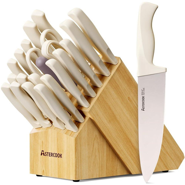 Knife Set, Astercook 22-Piece Kitchen Knife Set with Block and Sharpener, High Carbon Stainless Steel Sharp Knives, Dishwasher Safe and Anti-slip Ergonomic Handle, Elegant Cream White Knife Block Set