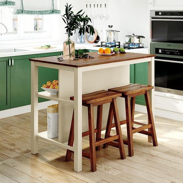 Solid Wood Rustic 3-piece 45" Stationary Kitchen Island Set with 2 Seatings, Rubber Wood Butcher Block Dining Table Set Prep Table Set with 2 Open Shelves for Small Places,Kitchen (Walnut+Cream White)