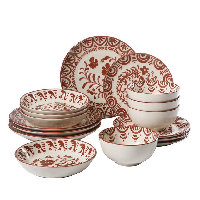 Bloomhouse - 2-Time Oprah’s Favorite Things - Valencia Flor 16 Piece Dinnerware Set, Artisanal Decorated Stoneware Plates & Bowls, Service for 4, Microwave & Dishwasher Safe, Pomegranate Red